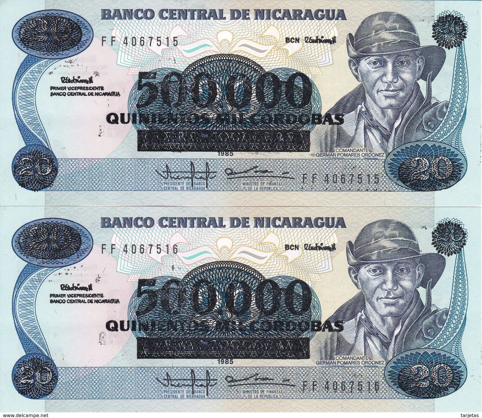 PAREJA CORRELATIVA DE NICARAGUA DE 500000 CORDOBAS DEL AÑO 1985 CON RESELLO (BANKNOTE) SIN CIRCULAR-UNCIRCULATED - Nicaragua