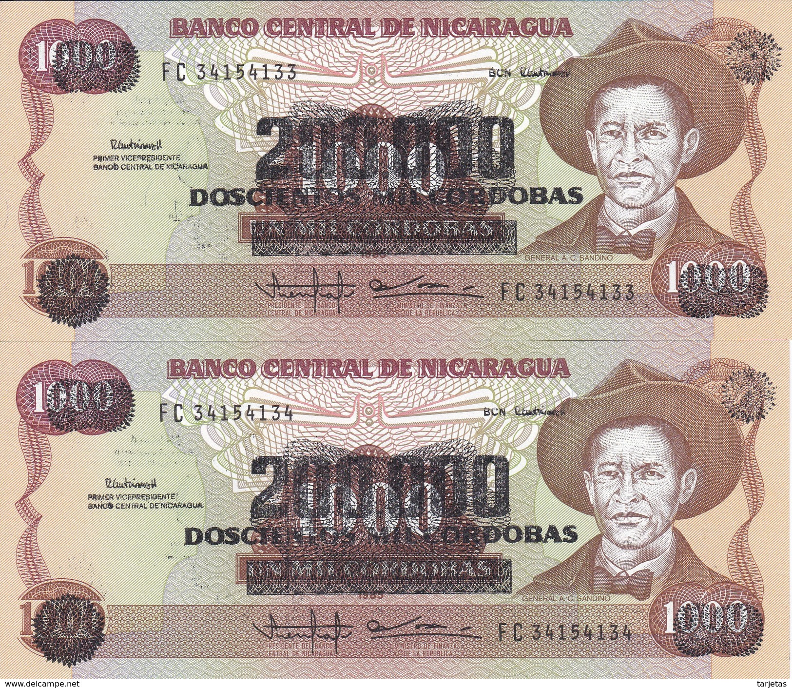 PAREJA CORRELATIVA DE NICARAGUA DE 200000 CORDOBAS DEL AÑO 1985 CON RESELLO (BANKNOTE) SIN CIRCULAR-UNCIRCULATED - Nicaragua