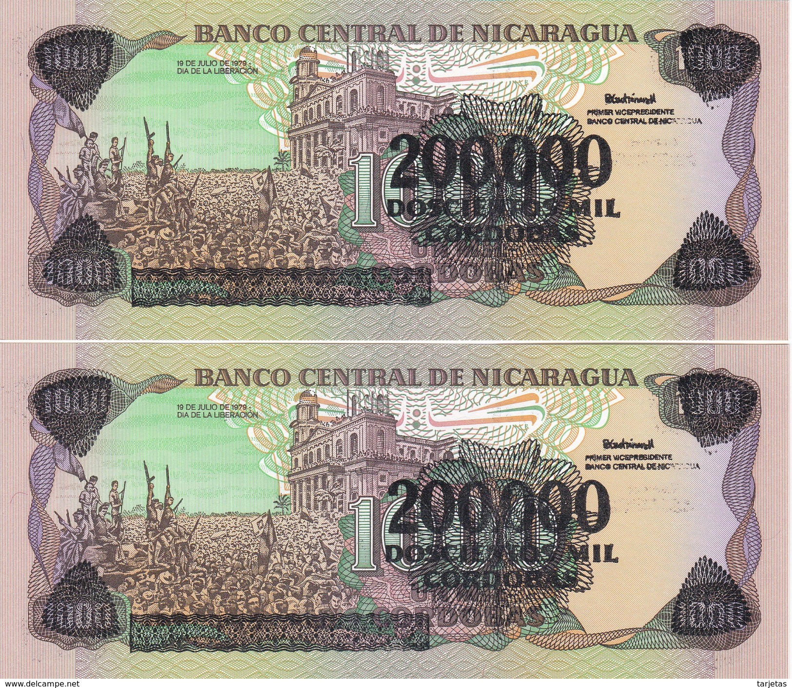 PAREJA CORRELATIVA DE NICARAGUA DE 200000 CORDOBAS DEL AÑO 1985 CON RESELLO (BANKNOTE) SIN CIRCULAR-UNCIRCULATED - Nicaragua