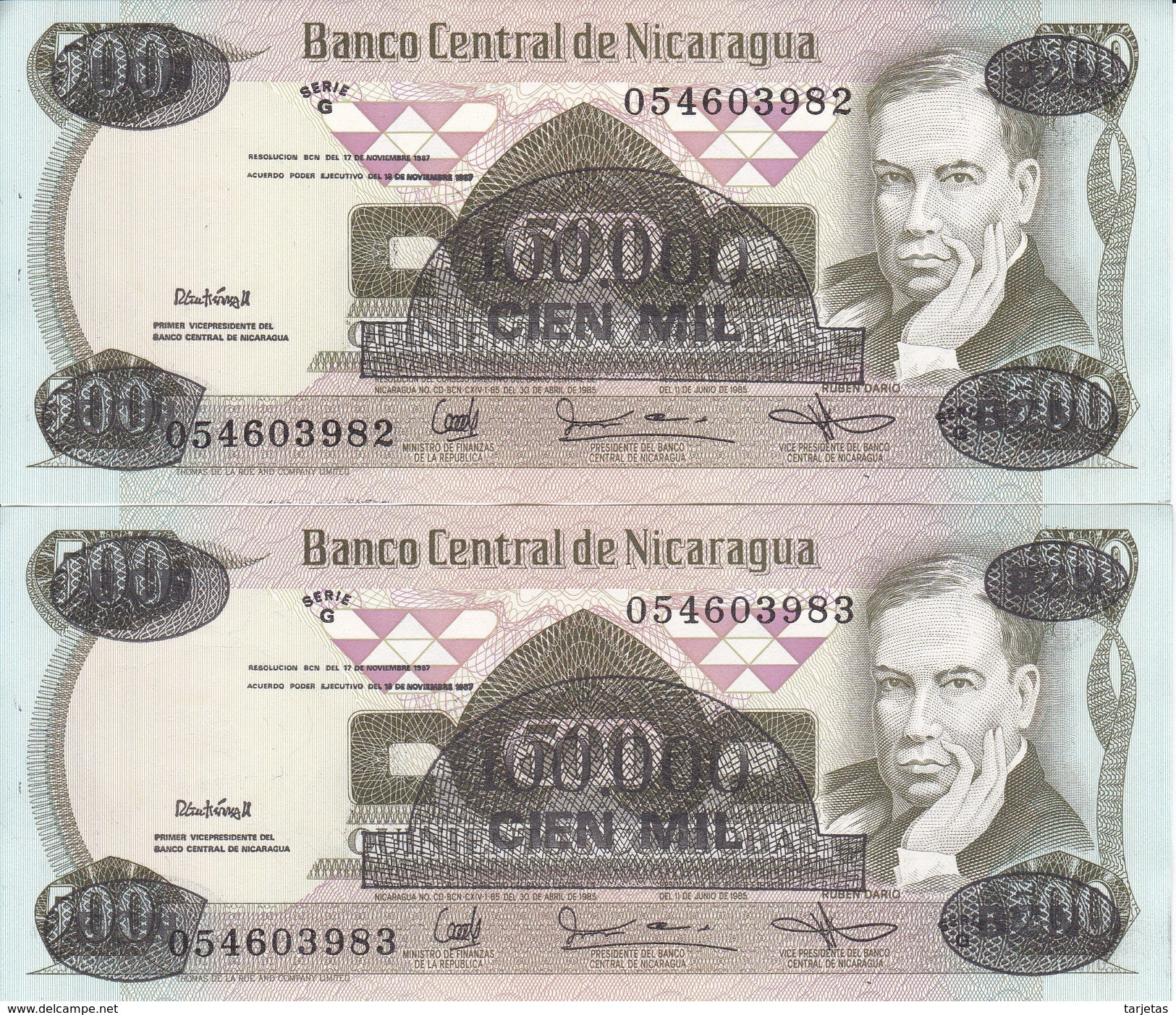 PAREJA CORRELATIVA DE NICARAGUA DE 100000 CORDOBAS DEL AÑO 1987 CON RESELLO (BANKNOTE) SIN CIRCULAR-UNCIRCULATED - Nicaragua