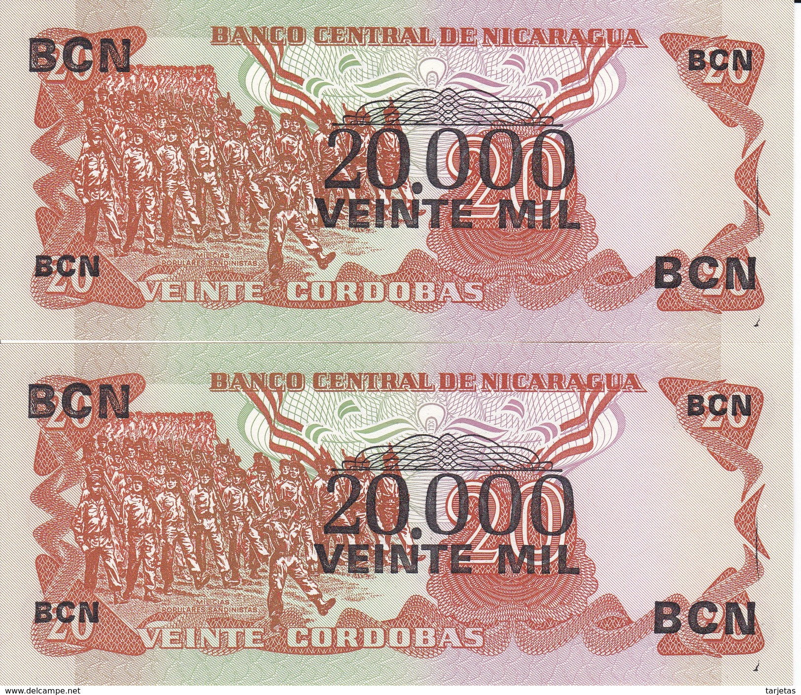 PAREJA CORRELATIVA DE NICARAGUA DE 20000 CORDOBAS DEL AÑO 1987 CON RESELLO (BANKNOTE) SIN CIRCULAR-UNCIRCULATED - Nicaragua