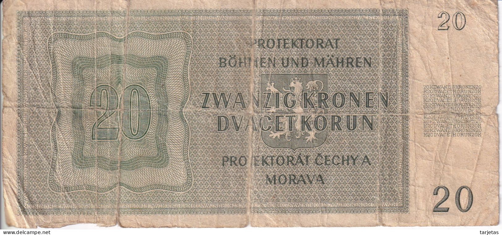 BILLETE DE BOHEMIA & MORAVIA 20 KORUN DEL AÑO 1944  (BANKNOTE) - Tchécoslovaquie