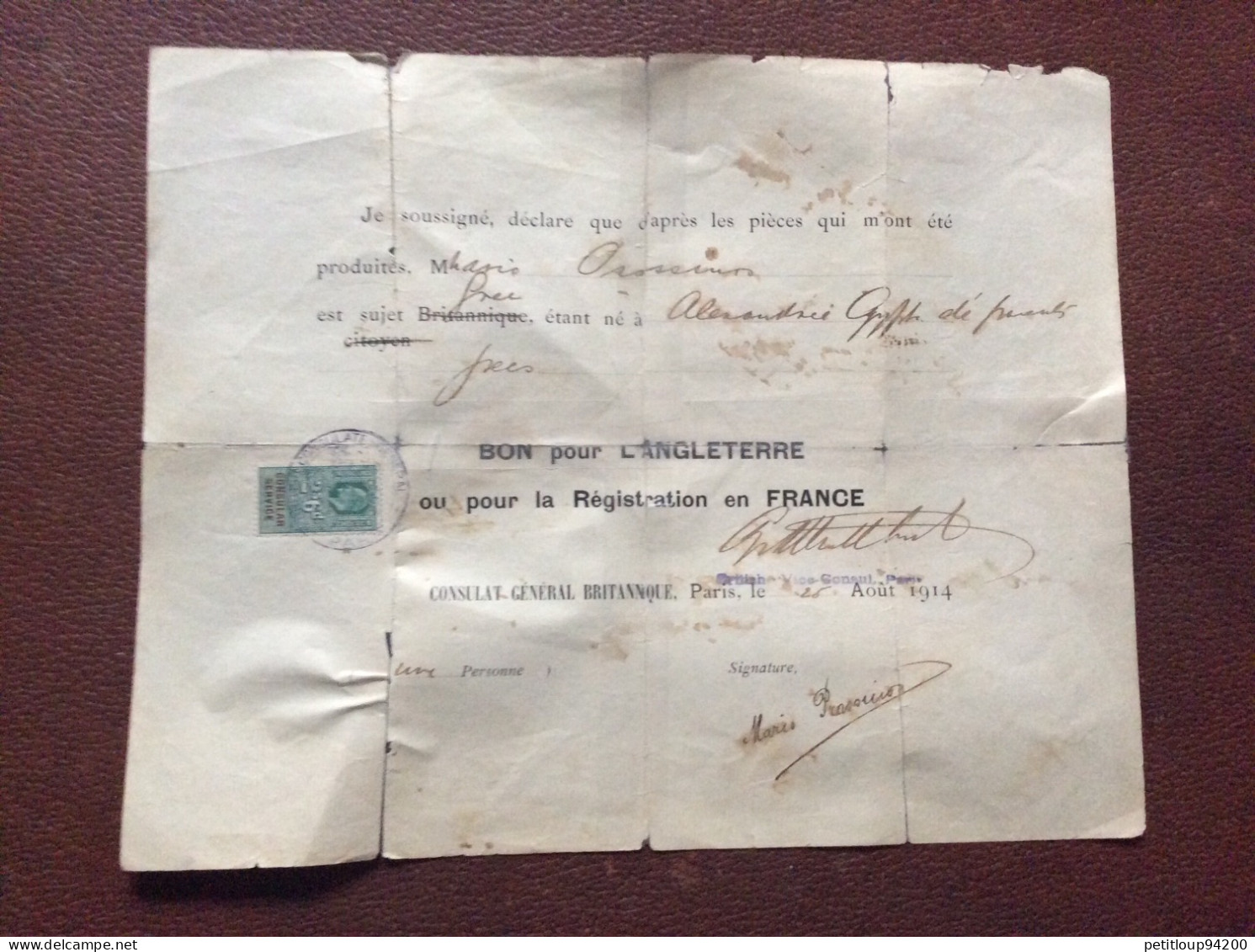 TIMBRE FISCAL SUR DOCUMENT Bon Pour L’ANGLETERRE  Registration En FRANCE  *2s 6d  CONSULAT GENERAL BRITANIQUE  1914 - Revenue Stamps