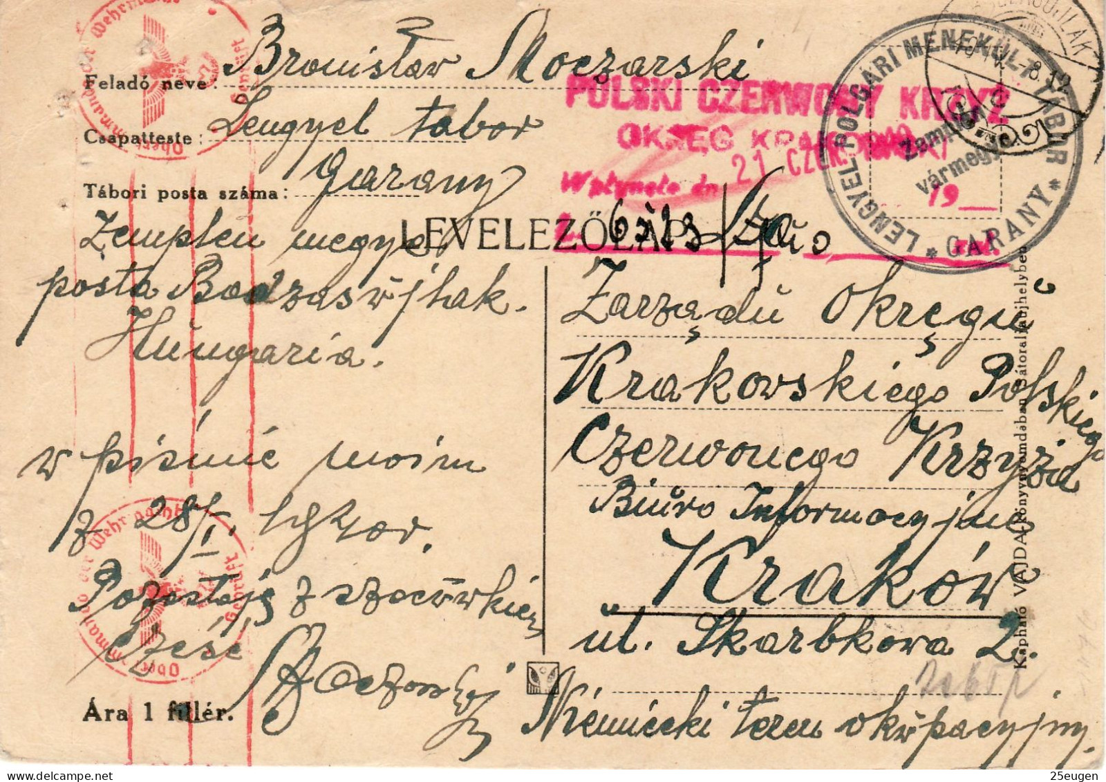 1940 LETTER SENT FROM CIVIL REFUGEE CAMP GARANY HUNGARY TO POLISH RED CROSS IN KRAKÓW - Gouvernement Général