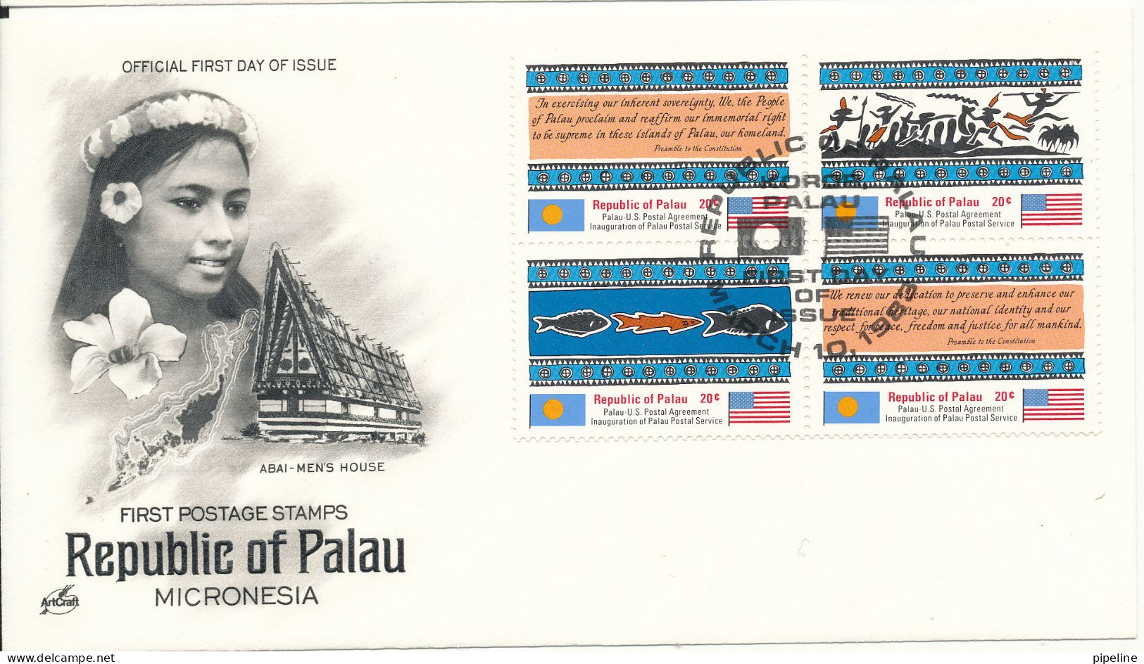 Palau FDC 10-3-1983 Set Of 4 Inauguration Of Palau Postal Service With Cachet - Palau