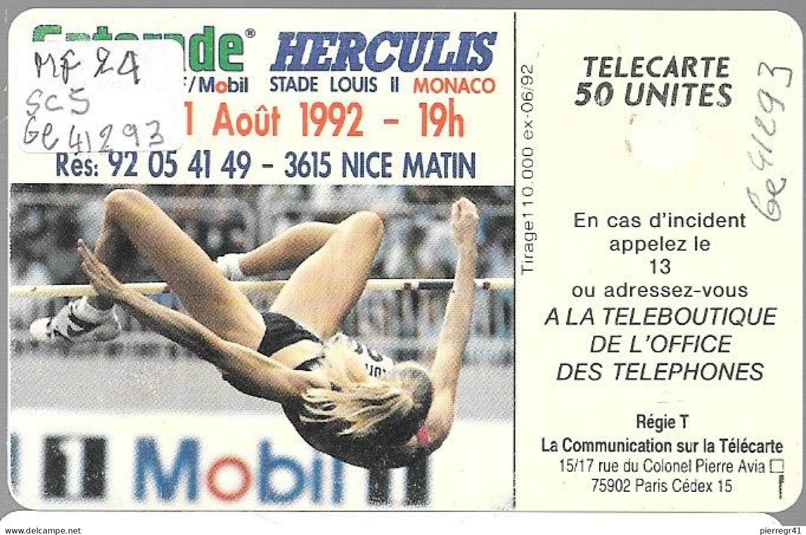 CARTE-PUCE-MONACO-50U-MF 24-SC5-HERCULIS 92-V°N°5 Ge41293-UTILISE-BE- - Monace