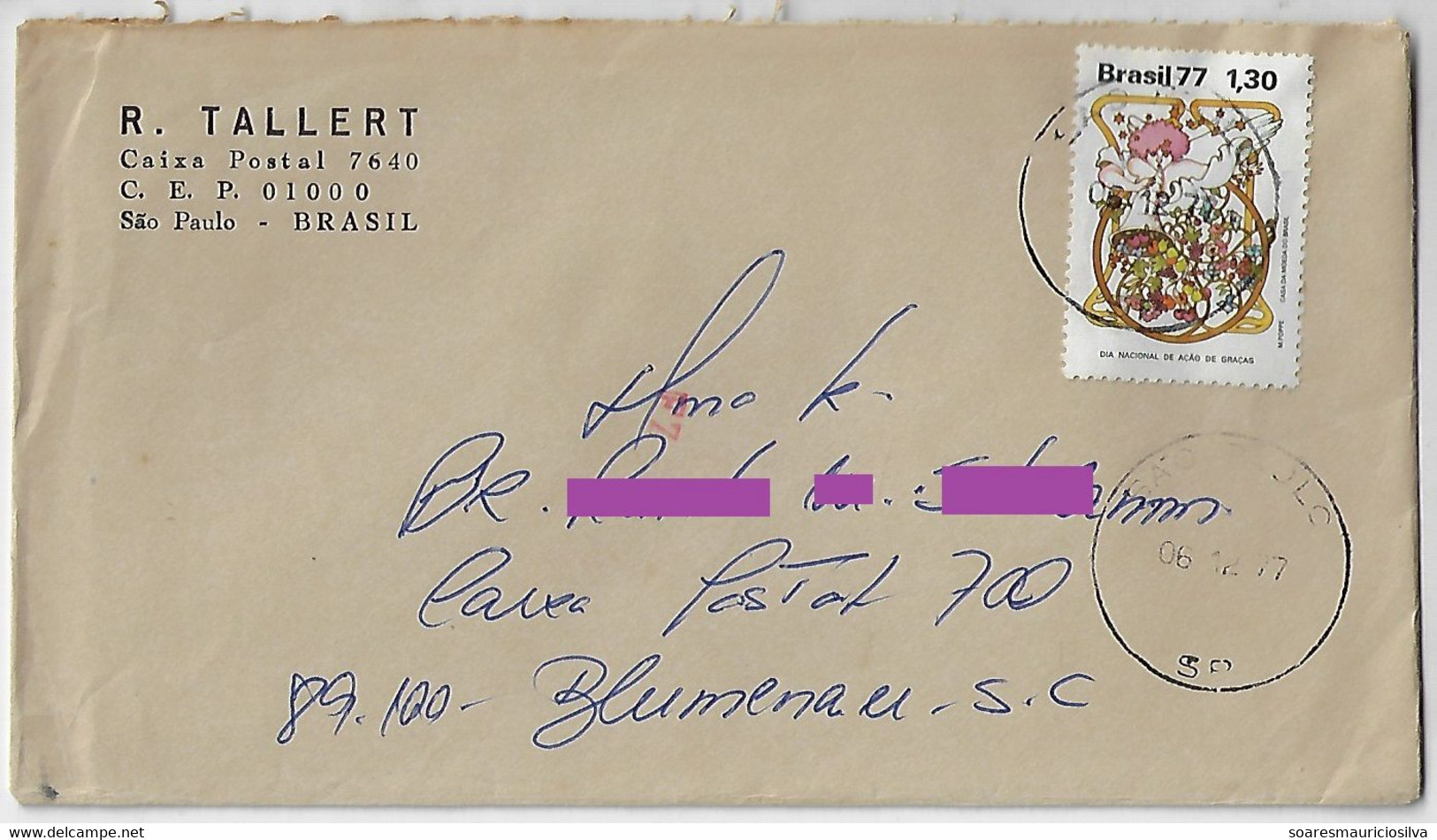 Brazil 1977 Cover Sent From São Paulo To Blumenau Stamp National Thanksgiving Day Transorma FZ Electronic Sorting Mark - Covers & Documents