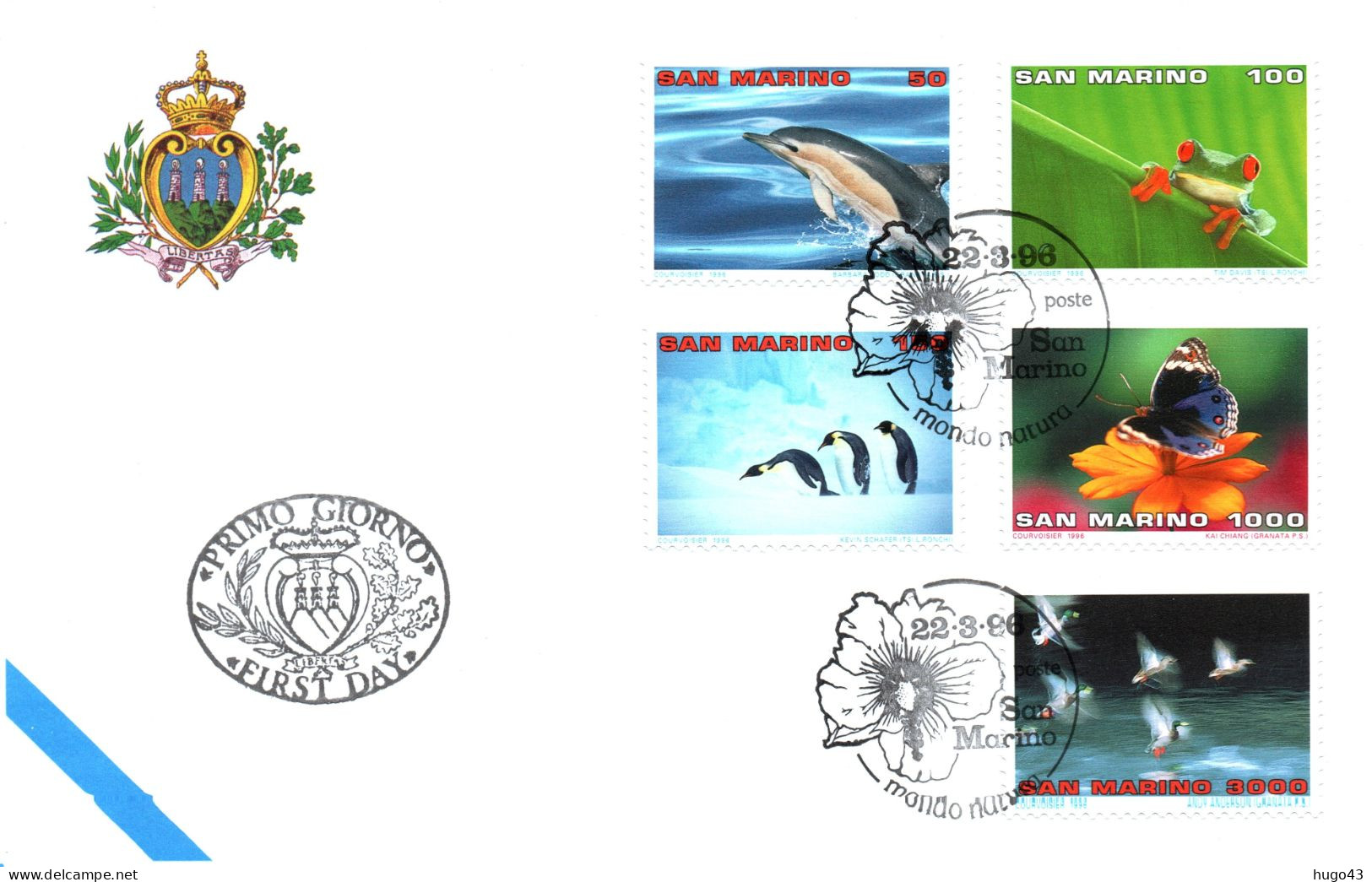 (RECTO / VERSO) SAN MARINO - 1er JOUR TIMBRE MONDE NATURE EN 1996  - BEAUX TIMBRES ET CACHET - Covers & Documents