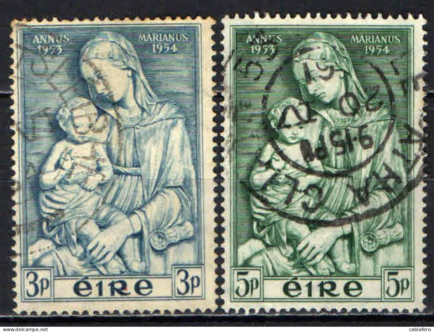 IRLANDA - 1954 - ANNO MARIANO - STATUA DI MADONNA CON BAMBINO DI LUCA DELLA ROBBIA - USATI - Oblitérés