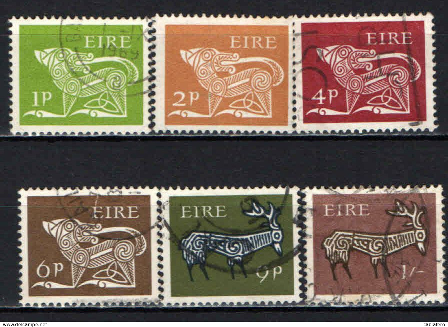 IRLANDA - 1968 - ANIMALI SIMBOLICI - CANE, CERVO, BUE ALATO, E AQUILA DA ANTICHE OPERE D'ARTE CON FILIGRANA - USATI - Gebraucht