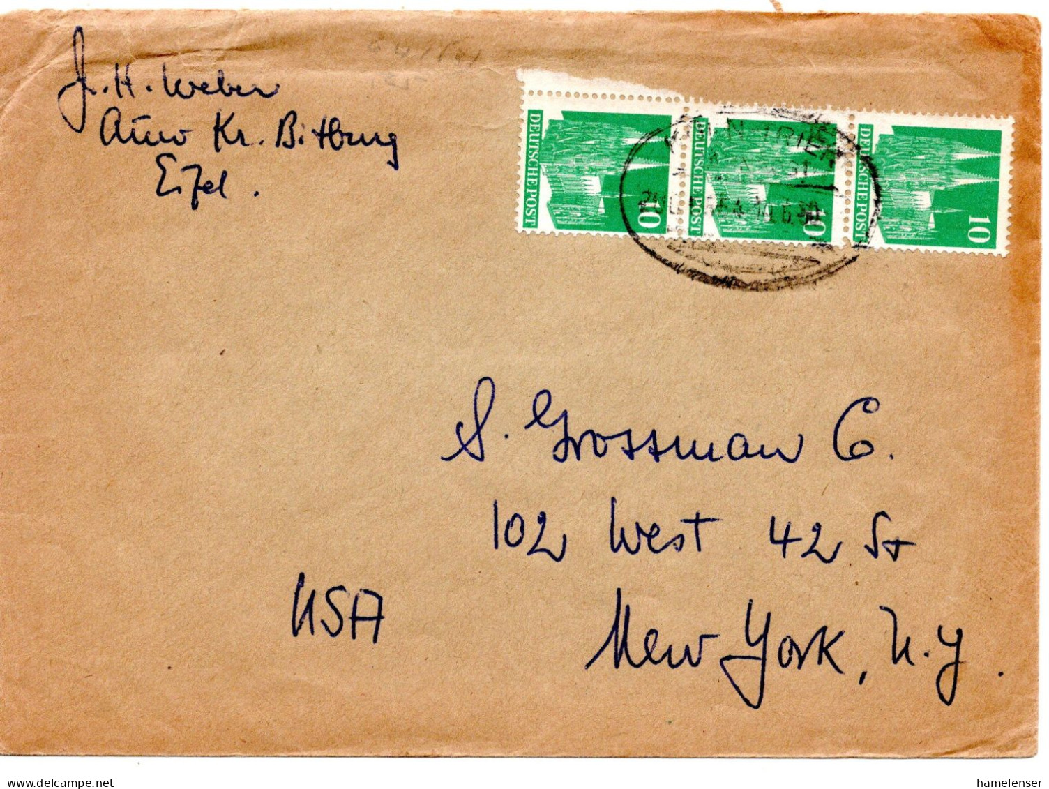 69452 - Bund - 1950 - 3@10Pfg Bauten A Bf BahnpostStpl KOELN-TRIER -> New York, NY (USA) - Lettres & Documents