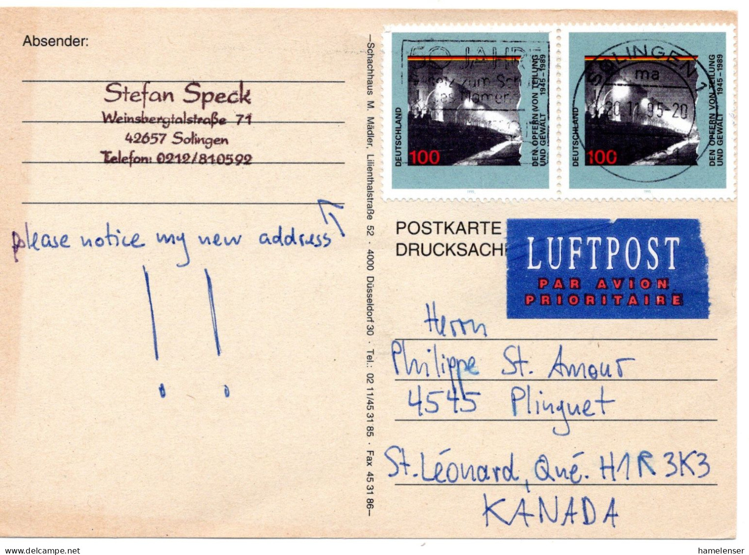 69453 - Bund - 1995 - 2@100Pfg Kriegsende A Fernschach-LpKte SOLINGEN - ... -> St Leonard, PQ (Canada) - Storia Postale