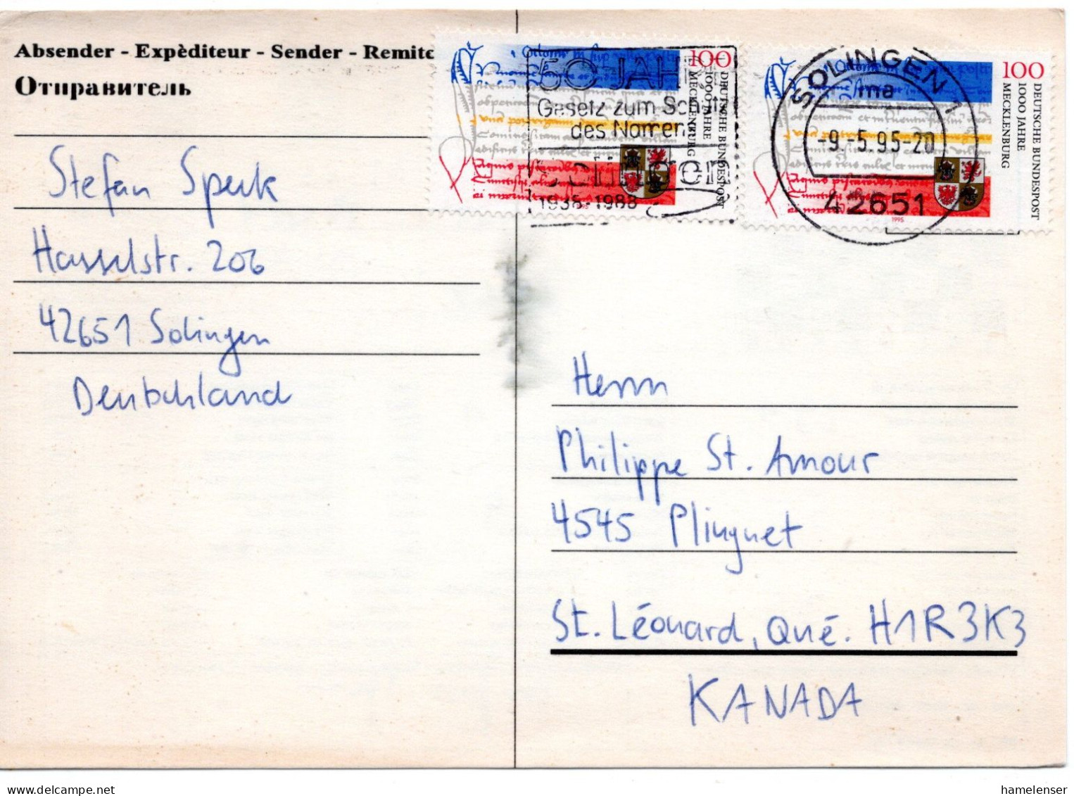 69455 - Bund - 1995 - 2@100Pfg Mecklenburg A Fernschach-LpKte SOLINGEN - ... -> St Leonard, PQ (Canada) - Cartas & Documentos