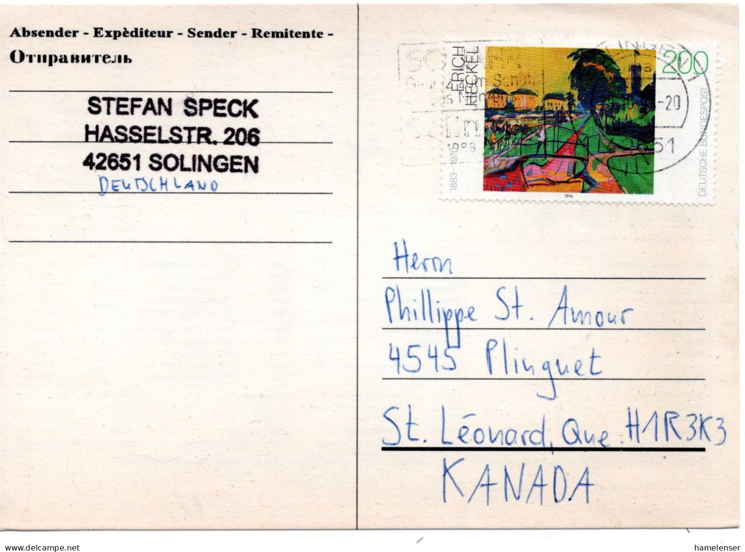 69456 - Bund - 1994 - 200Pfg Malerei Heckel EF A Fernschach-LpKte SOLINGEN - ... -> St Leonard, PQ (Canada) - Covers & Documents