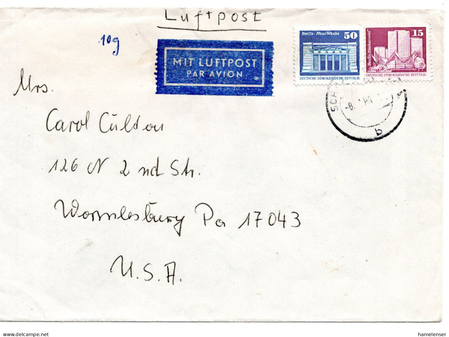 69457 - DDR - 1988 - 50Pfg Kl.Bauten MiF A LpBf SCHMALKALDEN -> Warmlesbury, PA (USA) - Lettres & Documents
