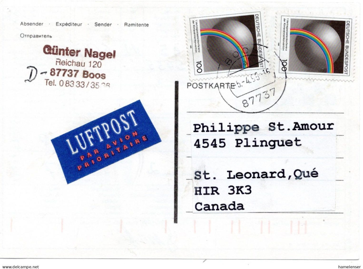69459 - Bund - 1995 - 2@100Pfg Klimakonferenz A Fernschach-LpKte BOOS -> St Leonard, PQ (Canada) - Storia Postale
