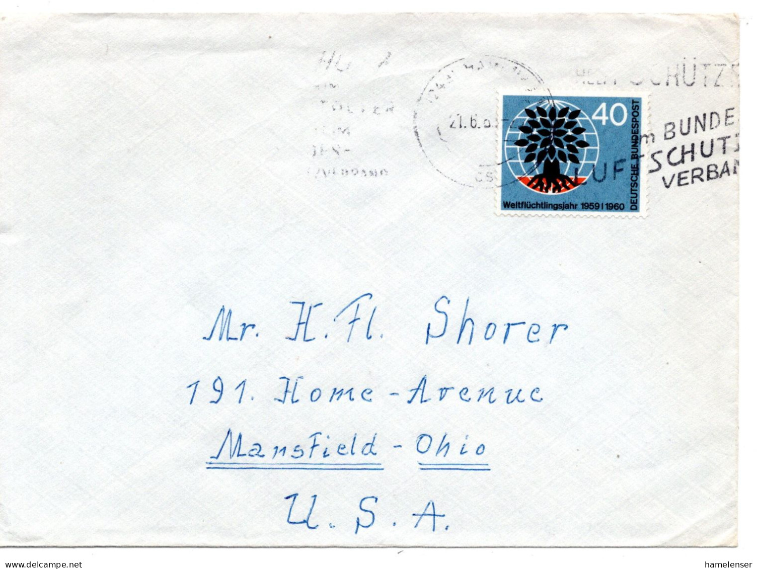 69460 - Bund - 1960 - 40Pfg Weltfluechtlingsjahr EF A Bf HAMBURG - ... -> Mansfield, OH (USA) - Lettres & Documents