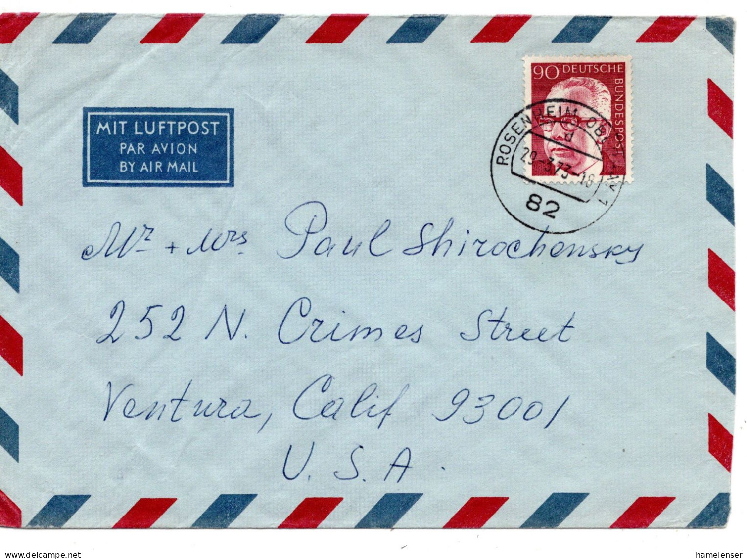 69461 - Bund - 1973 - 90Pfg Heinemann EF A LpBf ROSENHEIM -> Ventura, CA (USA) - Lettres & Documents