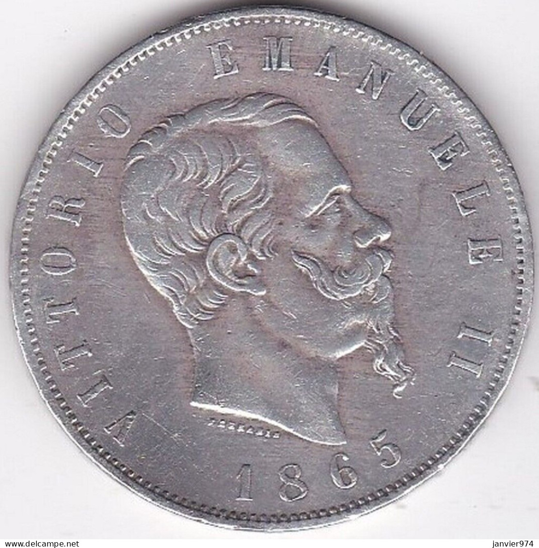 Italie 5 Lire 1865 T Turin ,Victor Emmanuel II, En Argent - 1861-1878 : Victor Emmanuel II.