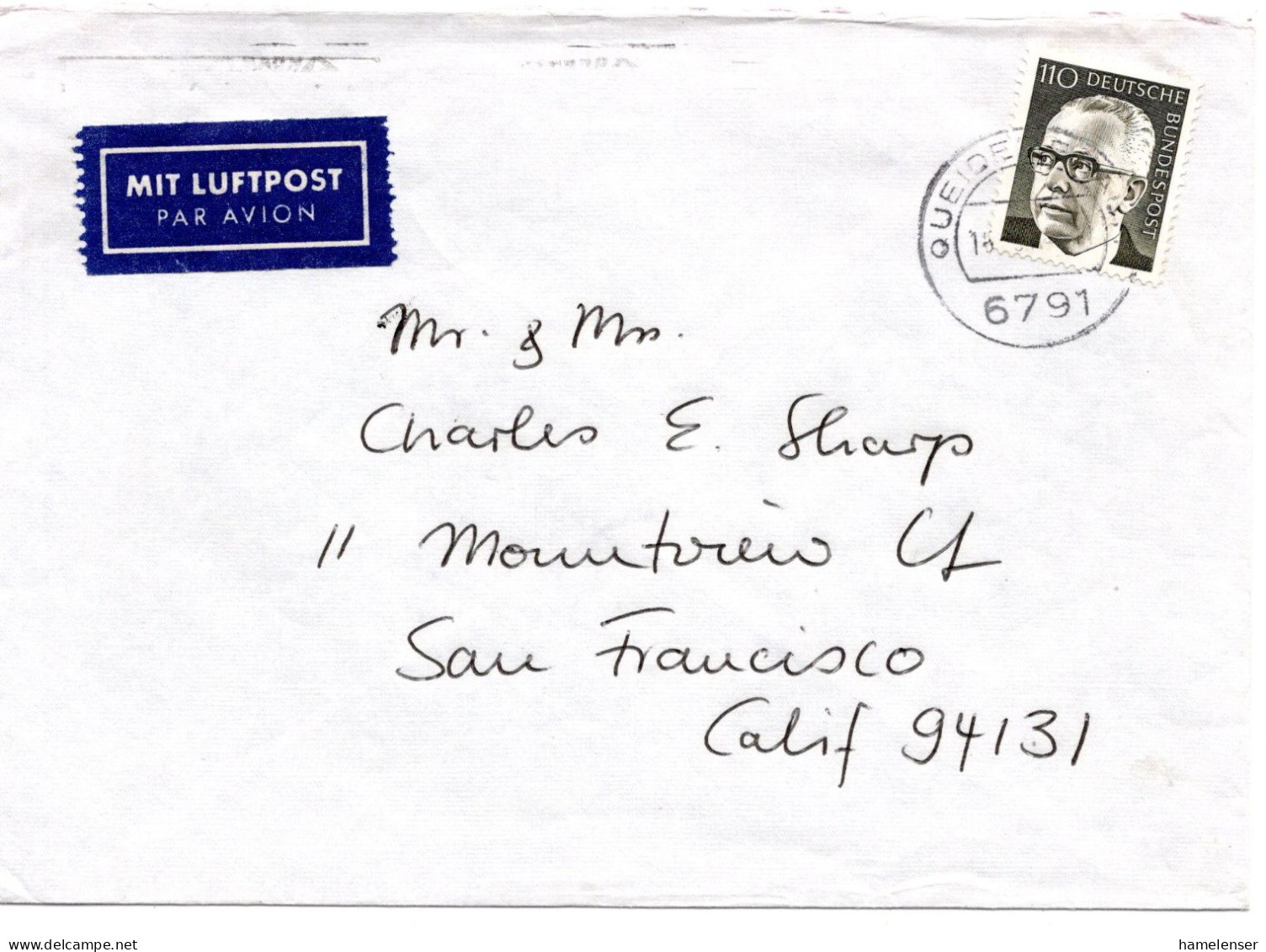 69468 - Bund - 1974 - 110Pfg Heinemann EF A LpBf QUEIDERSBACH -> SANTA BARBARA, CA - ... -> San Francisco, CA (USA) - Covers & Documents