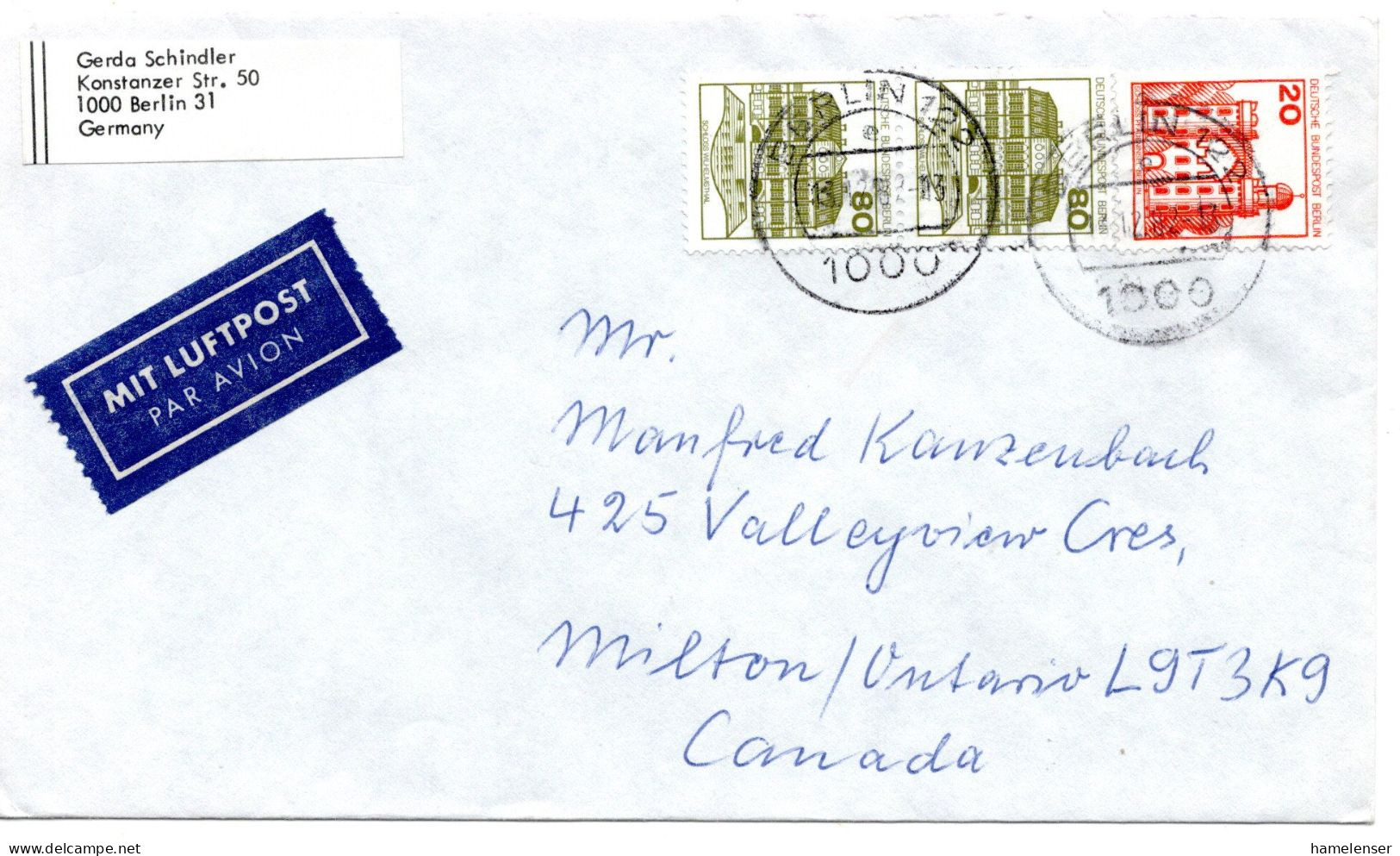 69471 - Berlin - 1987 - 2@80Pfg B&S MiF A LpBf BERLIN -> Milton, ON (USA) - Briefe U. Dokumente