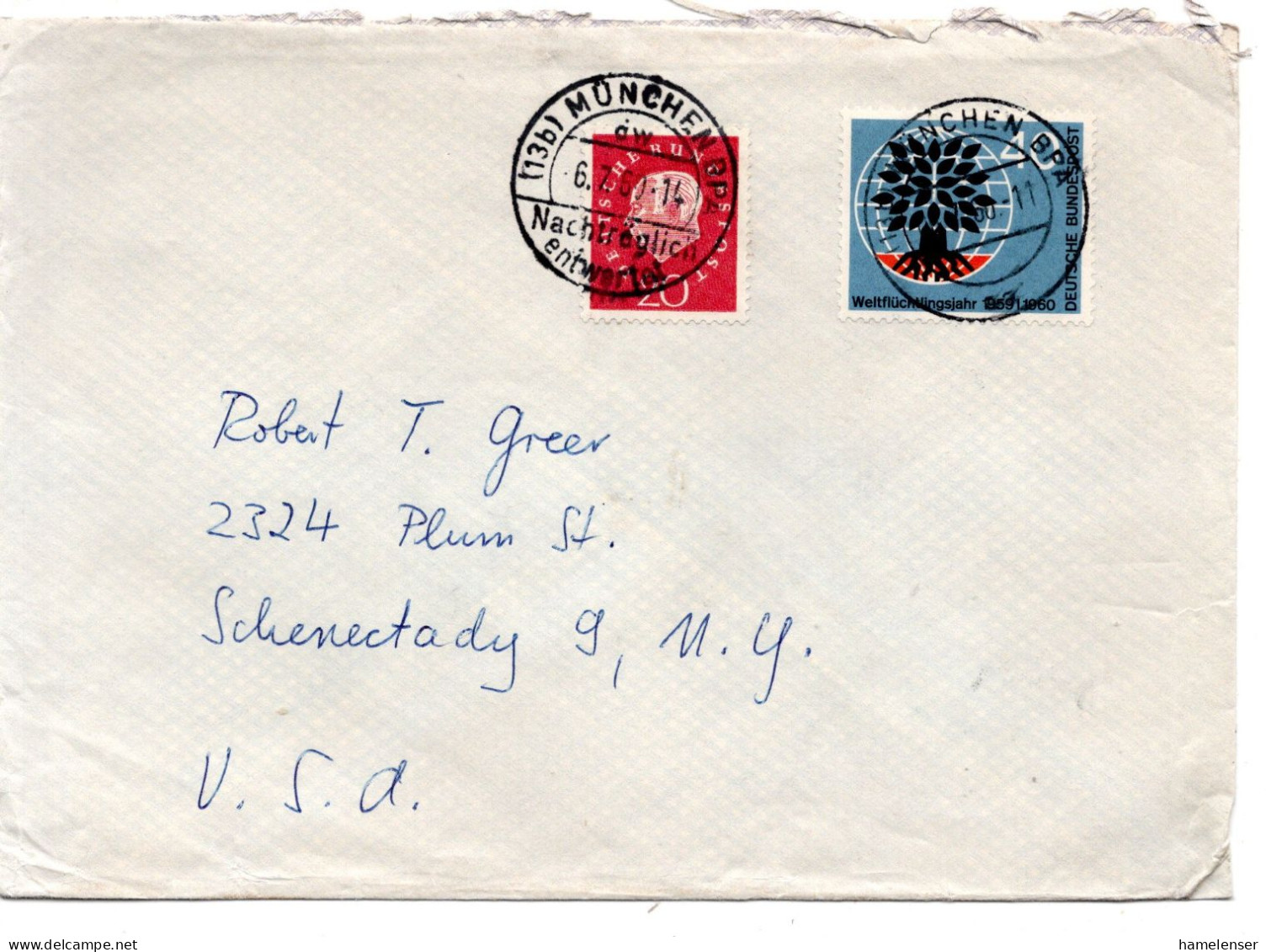 69477 - Bund - 1960 - 40Pfg Fluechtlingshilfe MiF A Bf MUENCHEN -> MUENCHEN - NACHTRAEGLICH ... -> Schenectady, NY (USA) - Cartas & Documentos