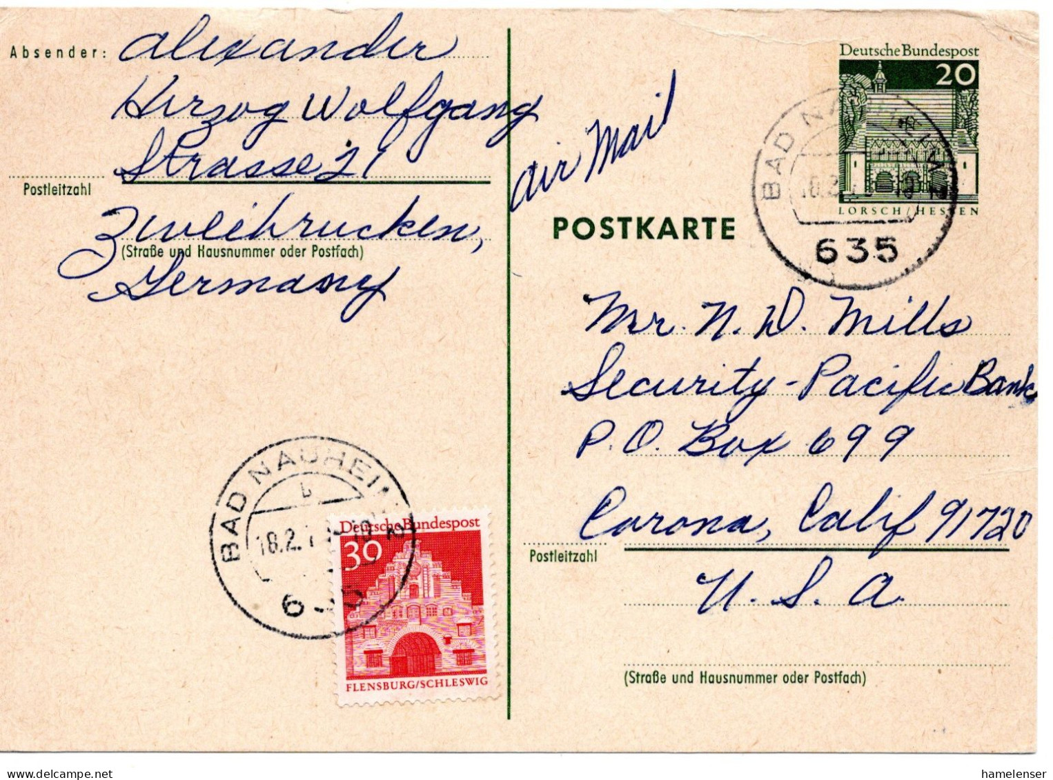 69480 - Bund - 1970 - 20Pfg Gr.Bauten LpGAKte M ZusFrankatur BAD NAUHEIM -> Corona, CA (USA) - Storia Postale