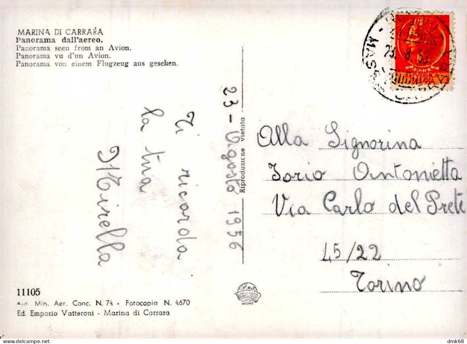 MARINA DI CARRARA - PANORAMA DALL'AEREO - EDIZIONE VATTERONI - SPEDITA 1956 (17810) - Carrara