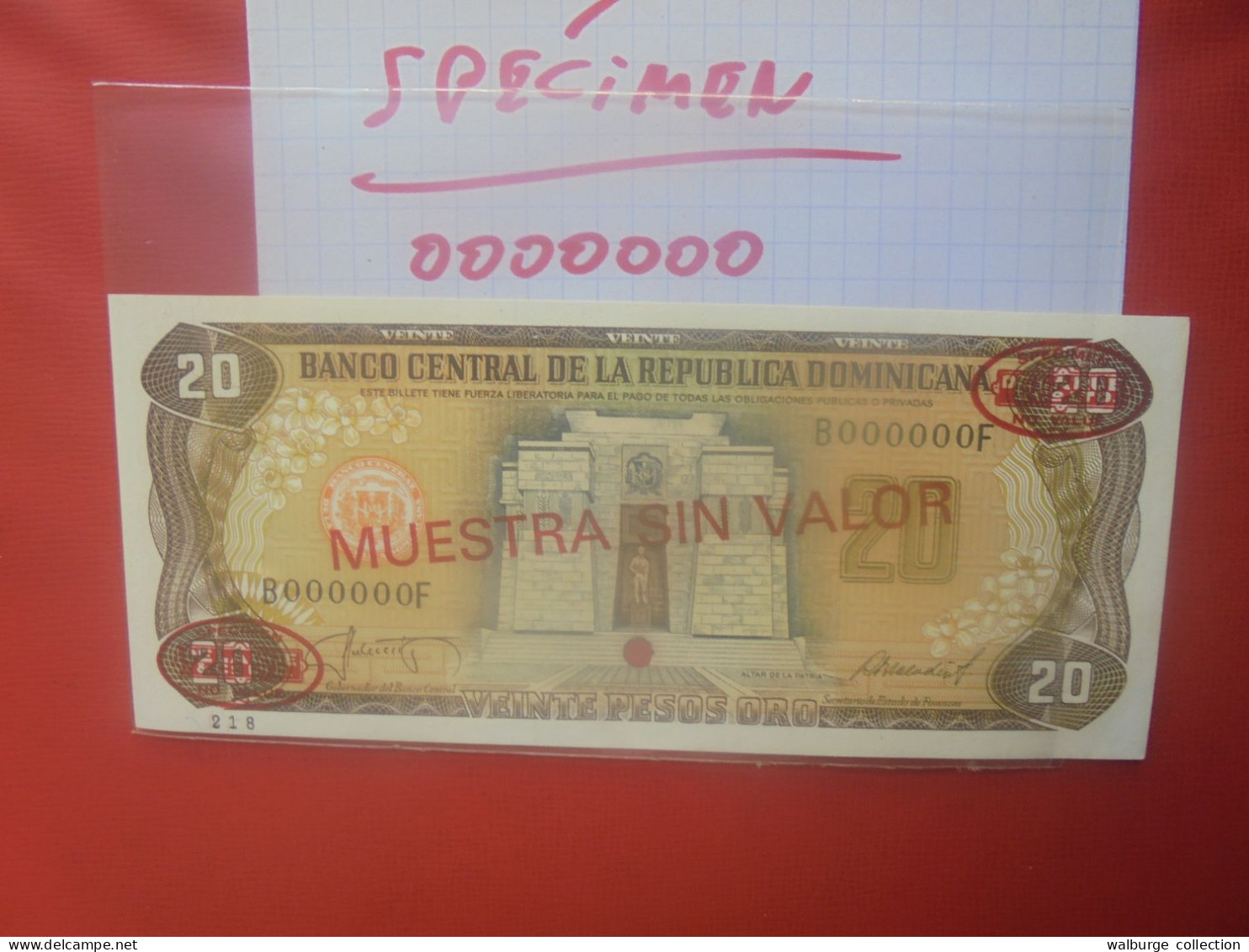 +++SPECIMEN+++DOMINIQUE 20 Pesos Série 1987 "Red Overprint" Neuf (B.30) - Repubblica Dominicana