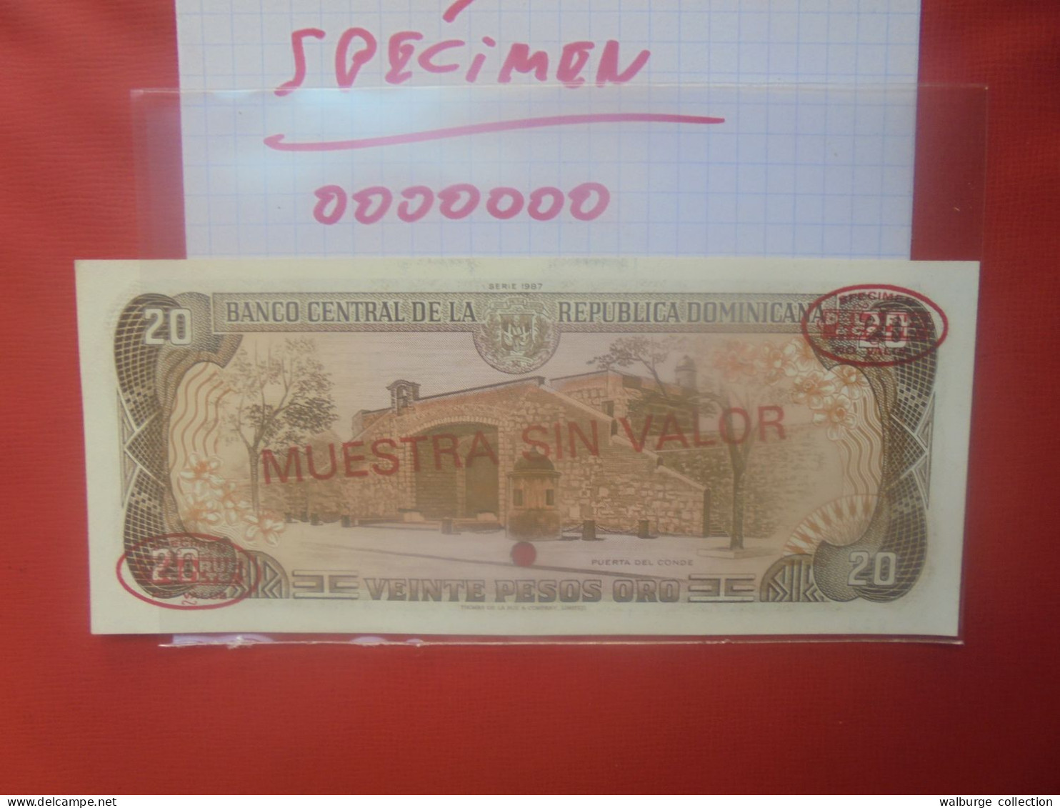 +++SPECIMEN+++DOMINIQUE 20 Pesos Série 1987 "Red Overprint" Neuf (B.30) - Repubblica Dominicana