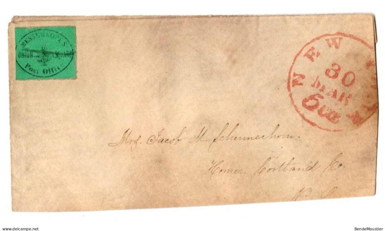 (R122) SCOTT # 106 L1  (L217) - Black On Green - Red Handstamp - Messenkope's Union Square Post Office - 1849. - Sellos Locales