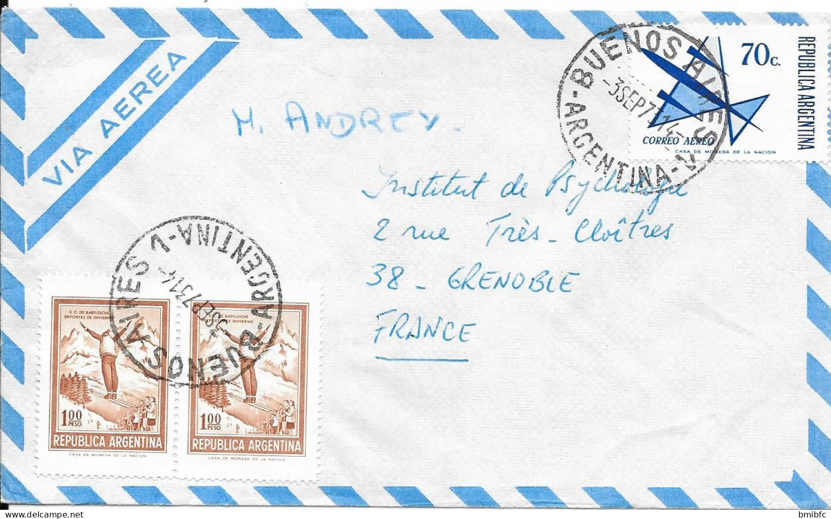 1973 Sur Lettre VIA AEREA Pour Grenoble - Covers & Documents