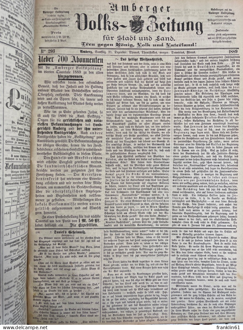 Amberger Volkszeitung. Für Stadt Und Land. IV.Quartal 1889 KOMPLETT. - Altri & Non Classificati