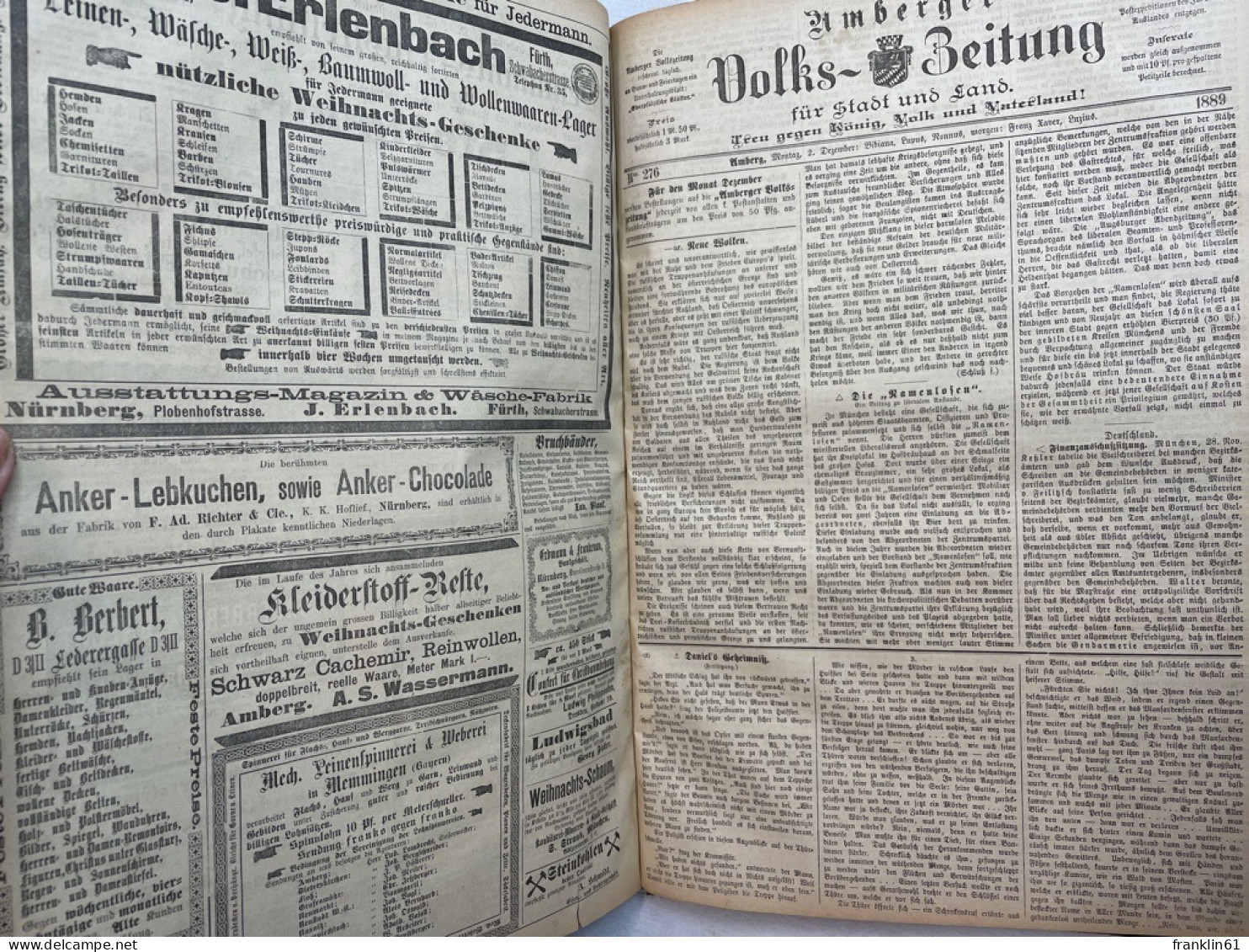 Amberger Volkszeitung. Für Stadt und Land. IV.Quartal 1889 KOMPLETT.