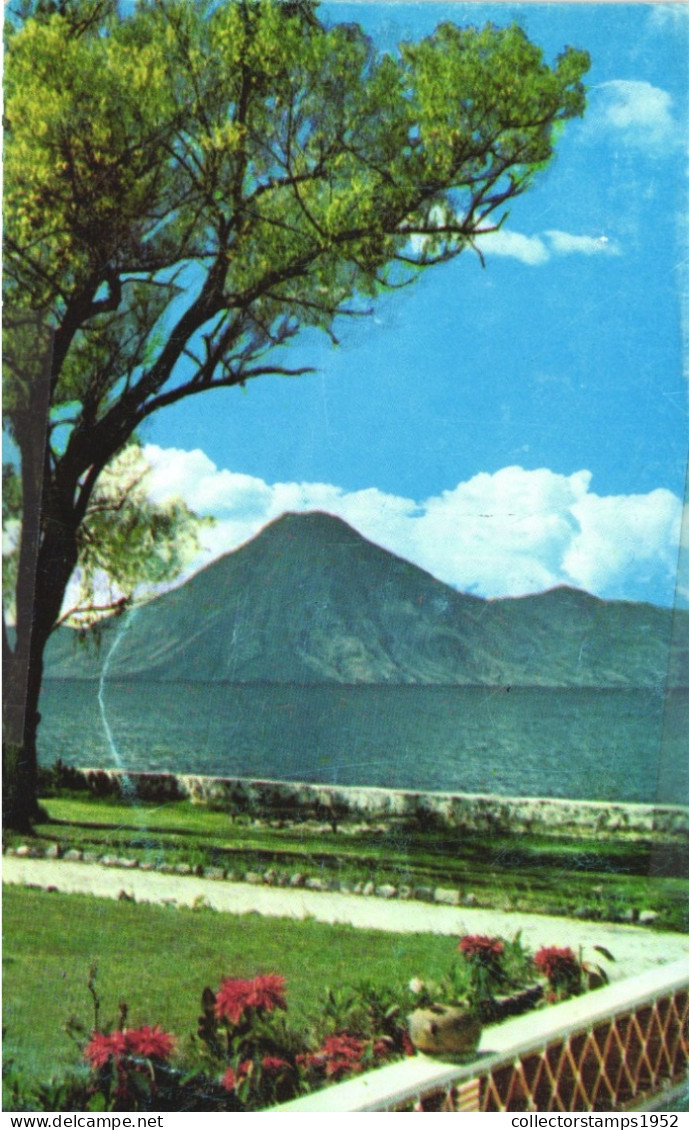 VOLCANO SAN PEDRO CHUCHUÁ, LAKE ATITLÁN, SEEN FROM THE GARDENS OF THE HOTEL TZANJUYÚ, GUATEMALA - Guatemala