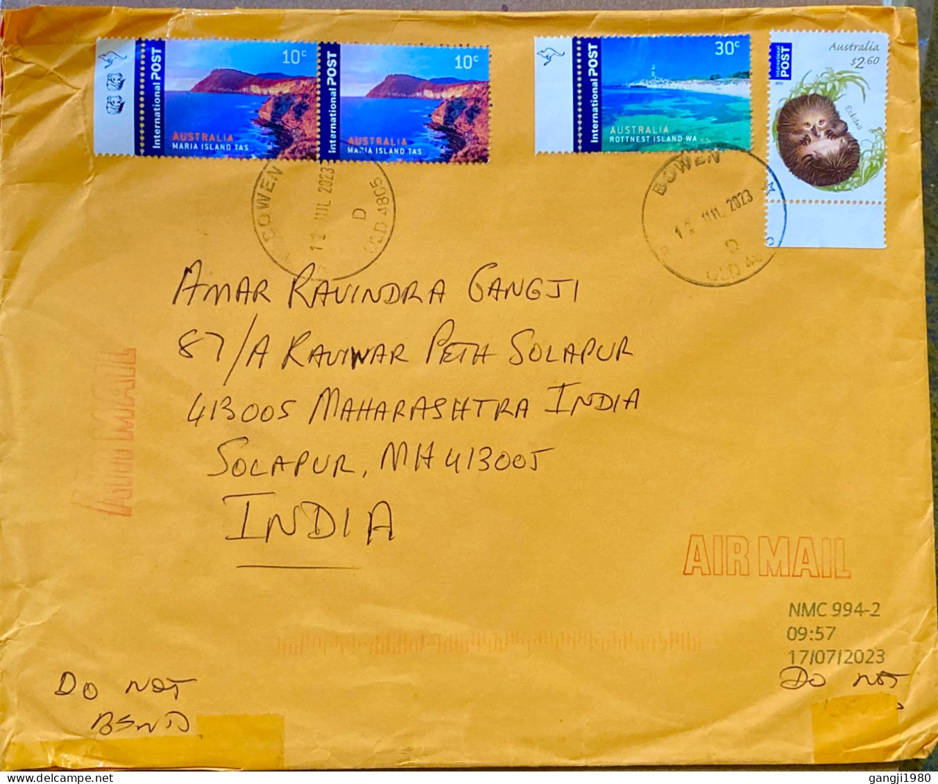 AUSTRALIA -2023, COVER USED TO INDIA, INTERNATION POST, ECHIDNA ANIMAL, ROTTAREST & MARIA ISLAND 4 STAMP, BOWEN CITY CA - Covers & Documents