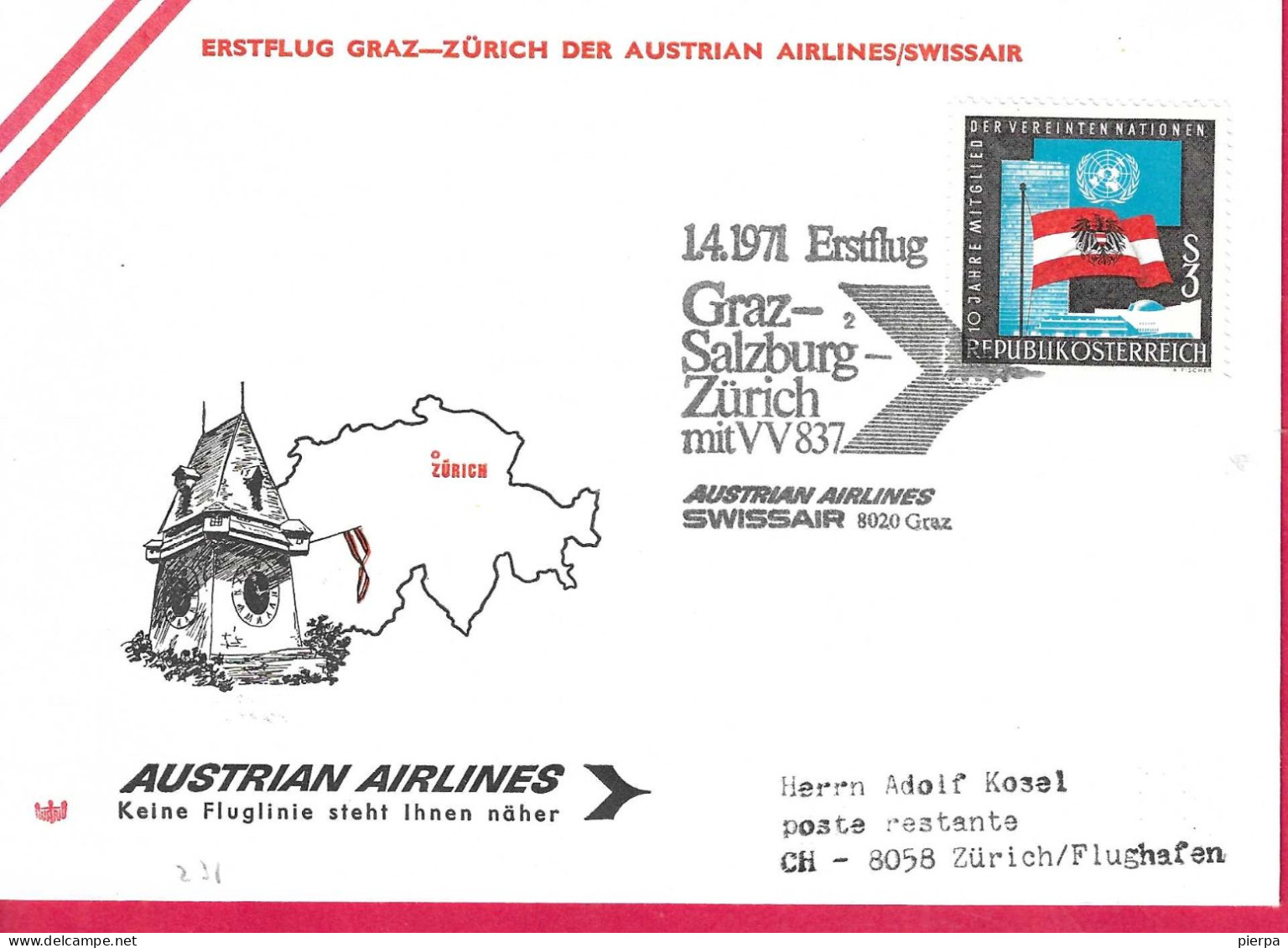 AUSTRIA - ERSTFLUG AUA/SWISSAIR  MIT  VV 837 - GRAZ/SALZBURG/ZURICH *1.4.1971* ON OFFICIAL  COVER - First Flight Covers