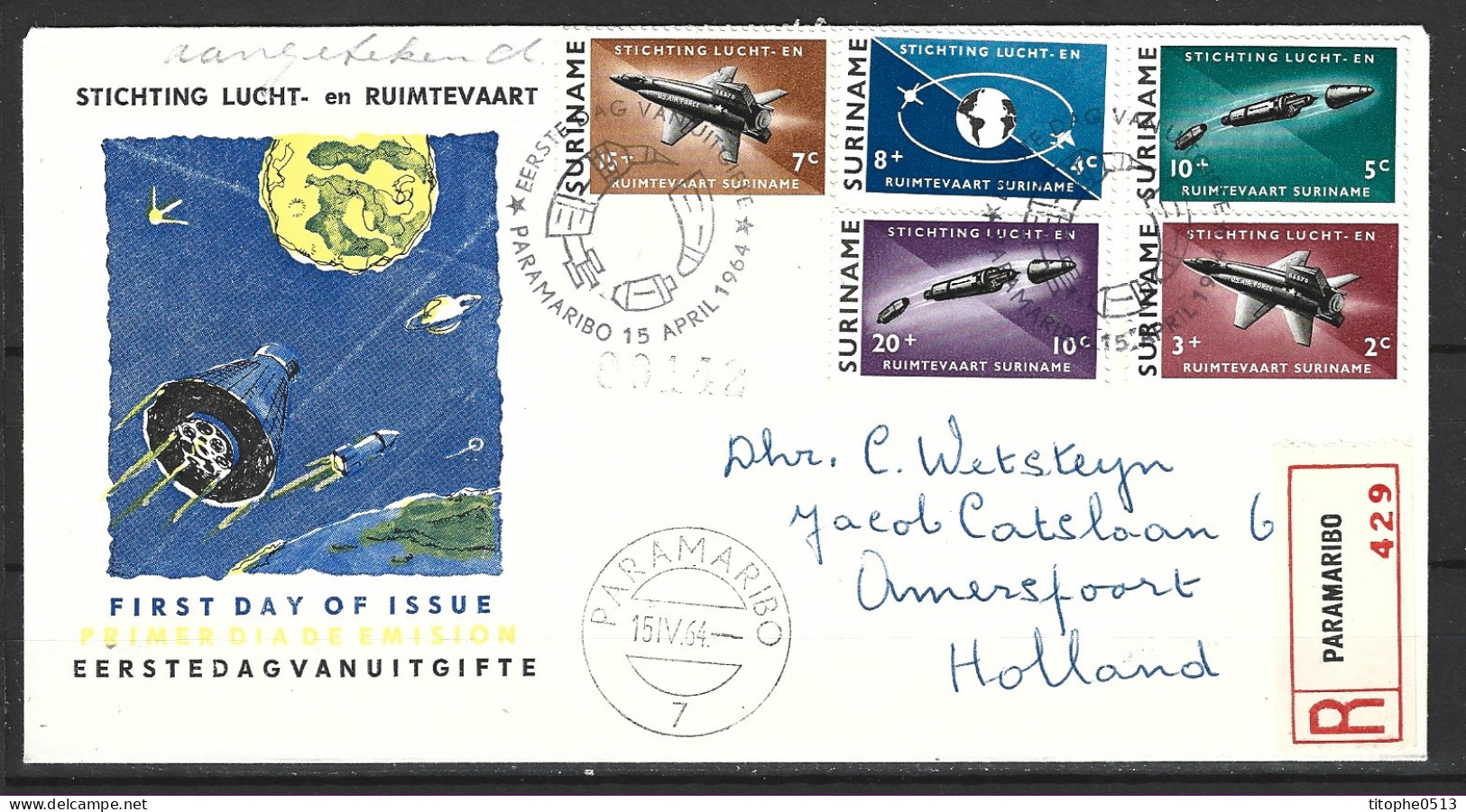 SURINAM. N°391-5 De 1964 Sur Enveloppe 1er Jour. Navigation Aérienne Et Spatiale. - América Del Sur