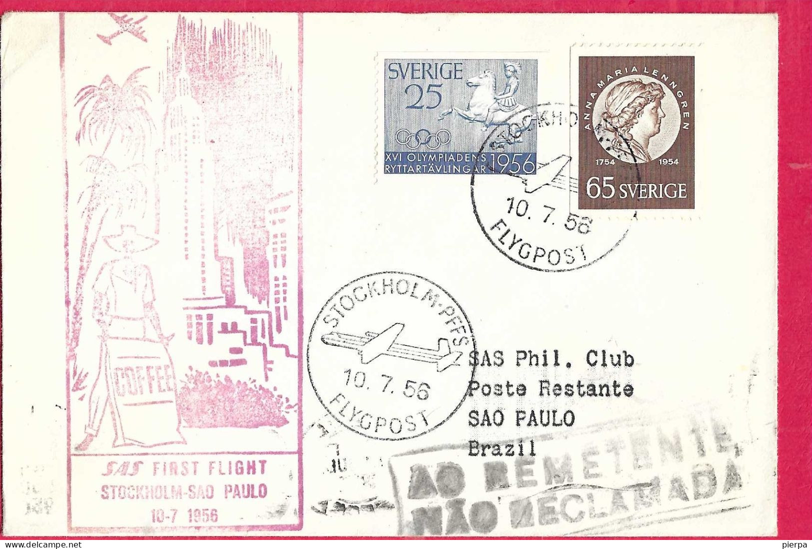 SVERIGE - FIRST FLIGHT SAS FROM STOCKHOLM TO SAO PAULO *10.7.56* ON OFFICIAL COVER - Storia Postale
