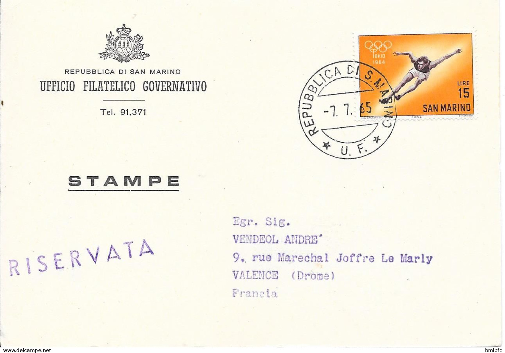 1965 - REPUBLICA DI SAN MARINO - UFFICIO FILATELICO GOVERNATIVO - (Timbre TOKYO 1964  J.O) - Brieven En Documenten