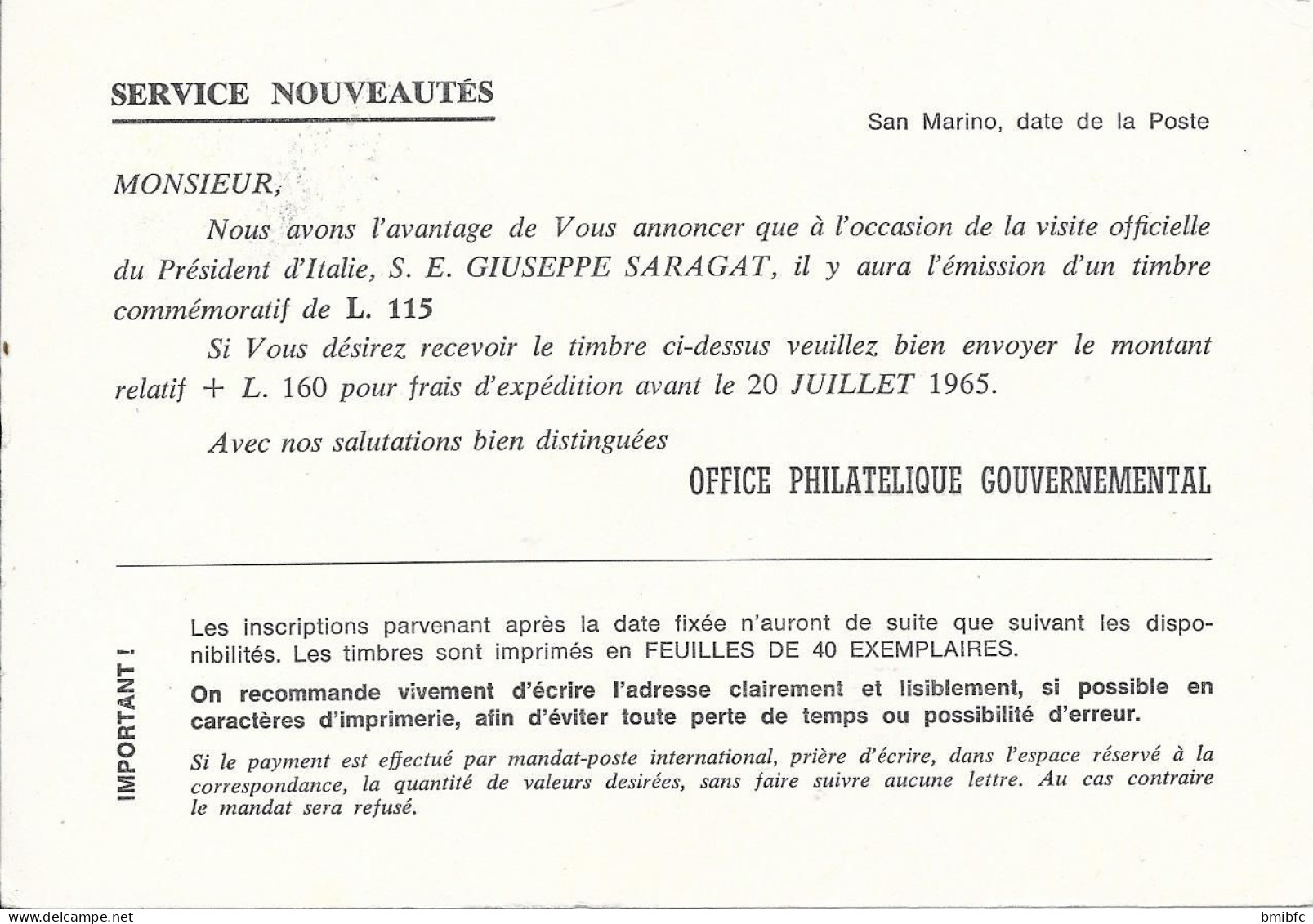 1965 - REPUBLICA DI SAN MARINO - UFFICIO FILATELICO GOVERNATIVO - (Timbre TOKYO 1964  J.O) - Cartas & Documentos