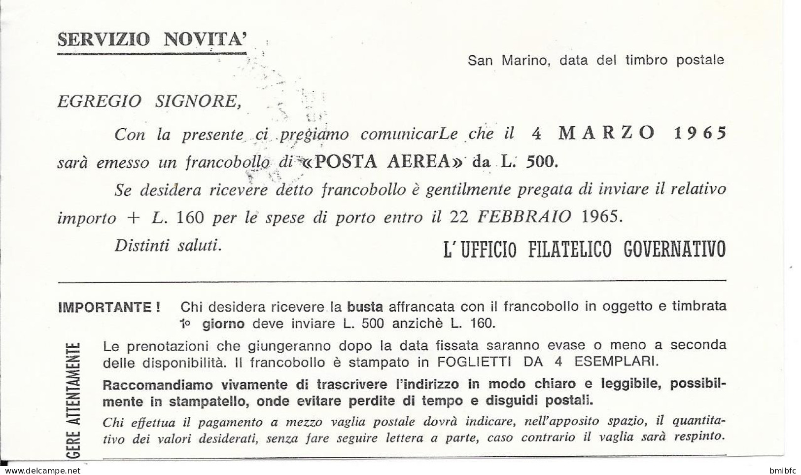 1965 - REPUBLICA DI SAN MARINO - UFFICIO FILATELICO GOVERNATIVO (Poste Aérienne) - Brieven En Documenten