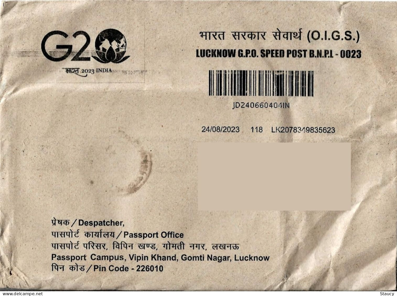 INDIA 2023 SPECIAL G-20 PASSPORT ENVELOPE REGISTERED SPEED POST, Postal Used As Per Scan - Enveloppes