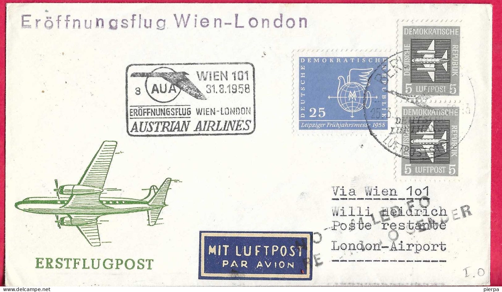 AUSTRIA - ERSTFLUG AUA  FROM WIEN TO LONDON *31.3.1958* ON OFFICIAL COVER - FROM D.D.R- - First Flight Covers