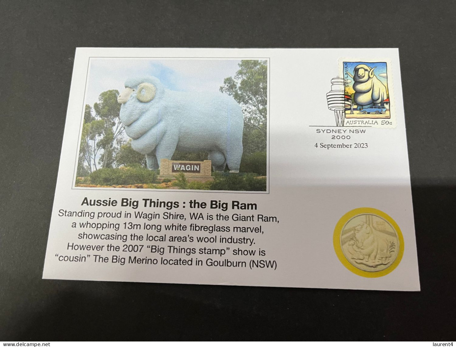 (30-8-2023) 3 T 39 - NEW - Cover With 2007 Big Merino 2007 Stamp (Aussie Big Things) (with Picture Of Coin) - Dollar