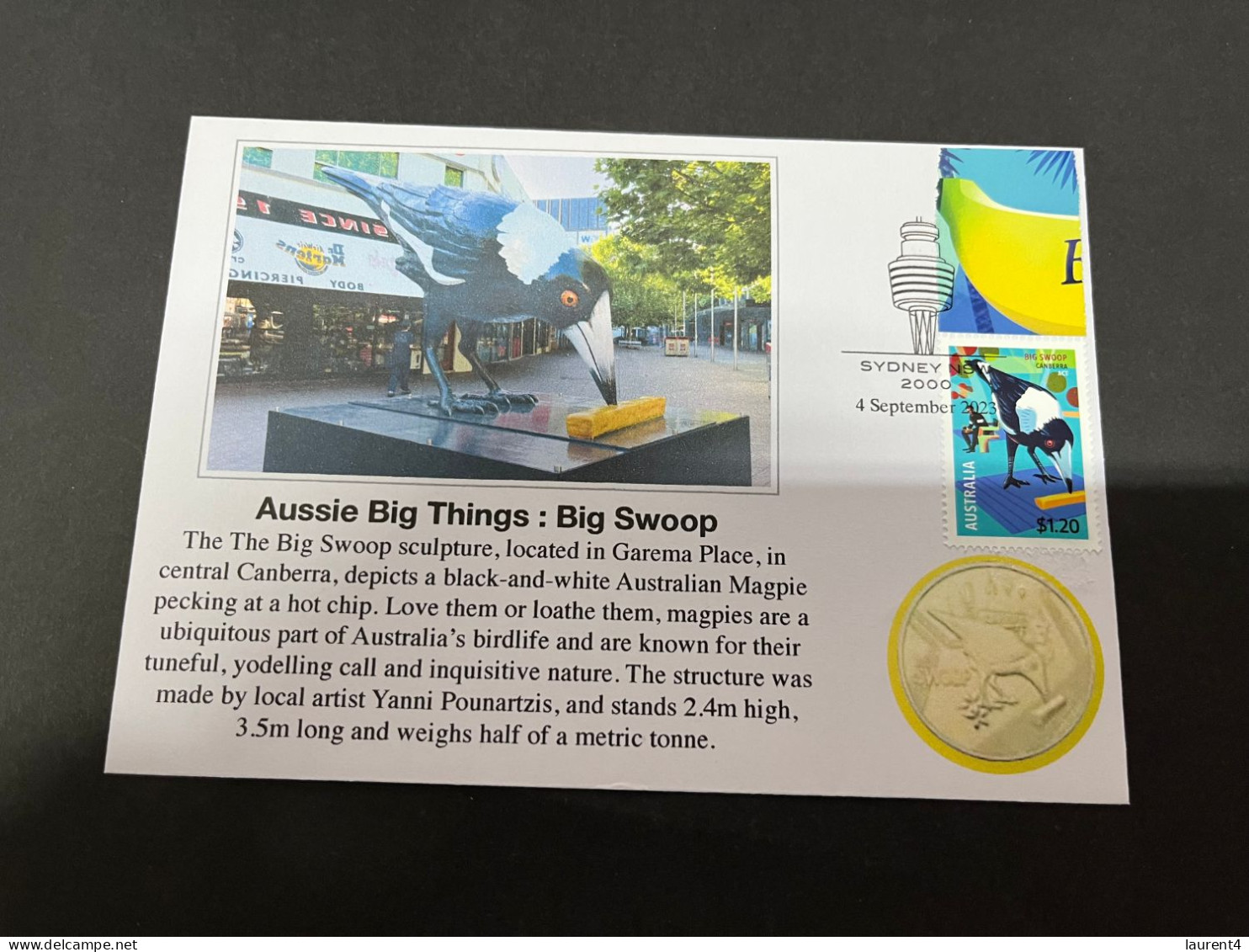 (30-8-2023) 3 T 39 - NEW - Cover With Big Swoop 2023 Stamp In Canberra ACT (Aussie Big Things) (with Picture Of Coin) - Dollar