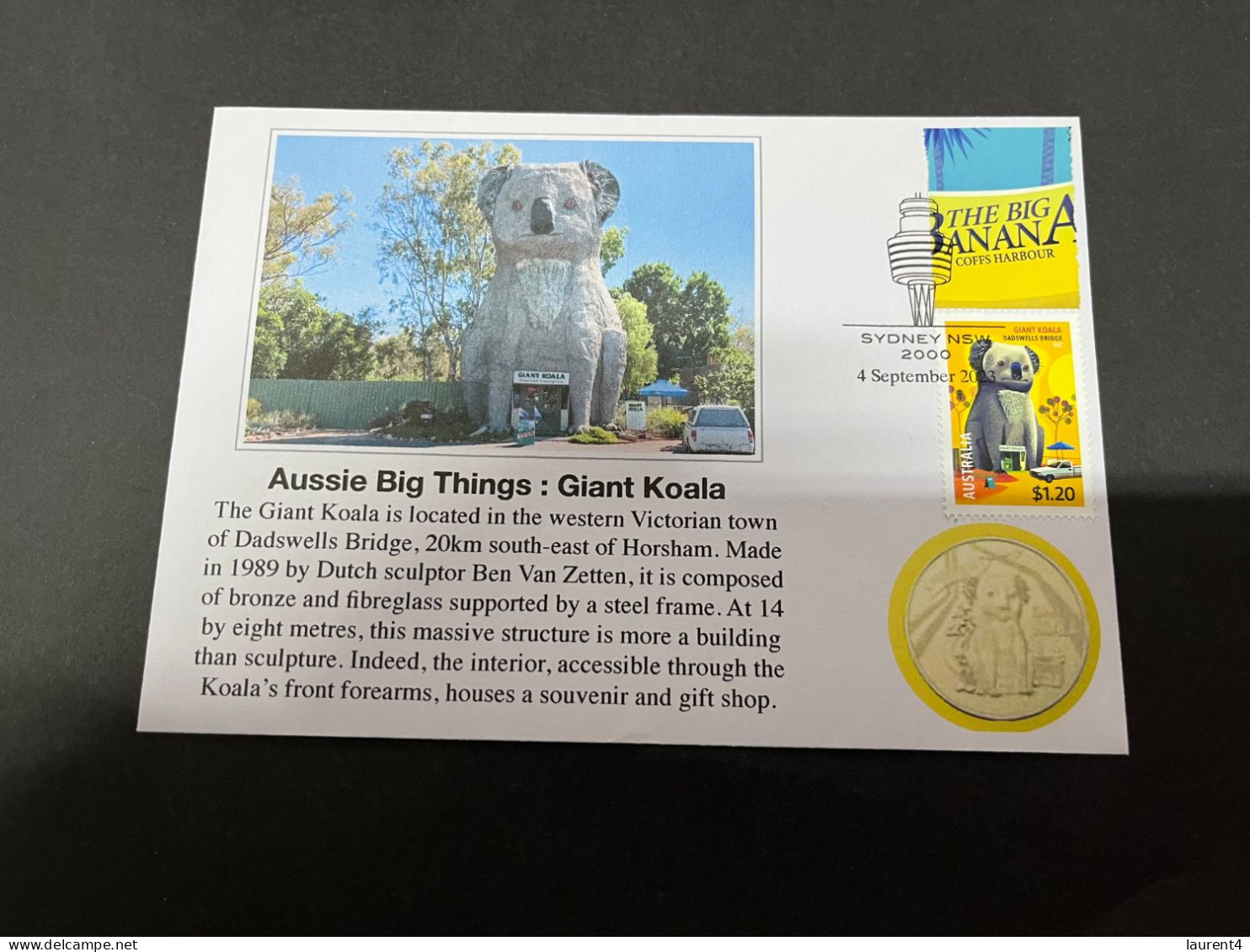 (30-8-2023) 3 T 39 - NEW - Cover With Big Koala 2023 Stamp In Victoria (Aussie Big Things) (with Picture Of Coin) - Dollar