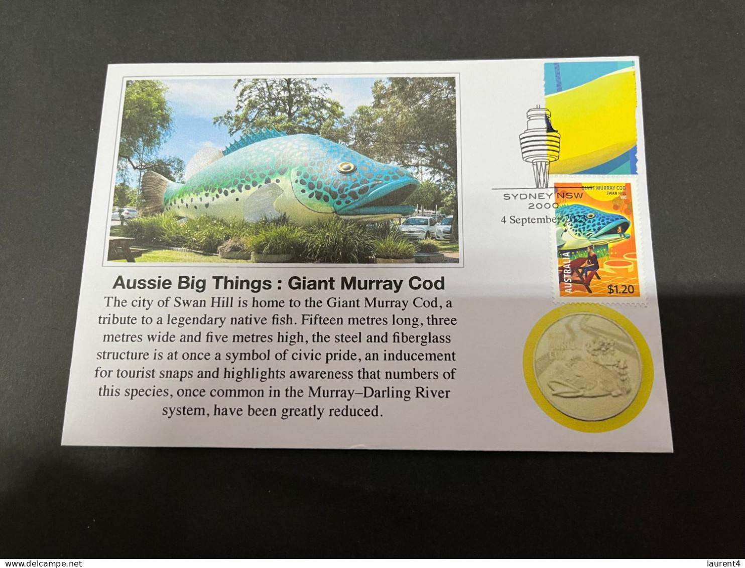 (30-8-2023) 3 T 39 - NEW - Cover With Big Murray Cod 2023 Stamp In VIC (Aussie Big Things) (with Picture Of Coin) - Dollar