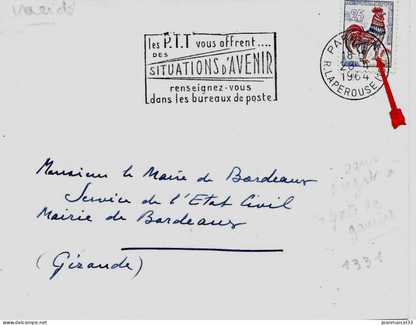 Variété Sur Lettre N° Yvert 1331 Sans Ergot Patte Gauche Oblitération Secap Paris 75  28 -4 1964 - Storia Postale