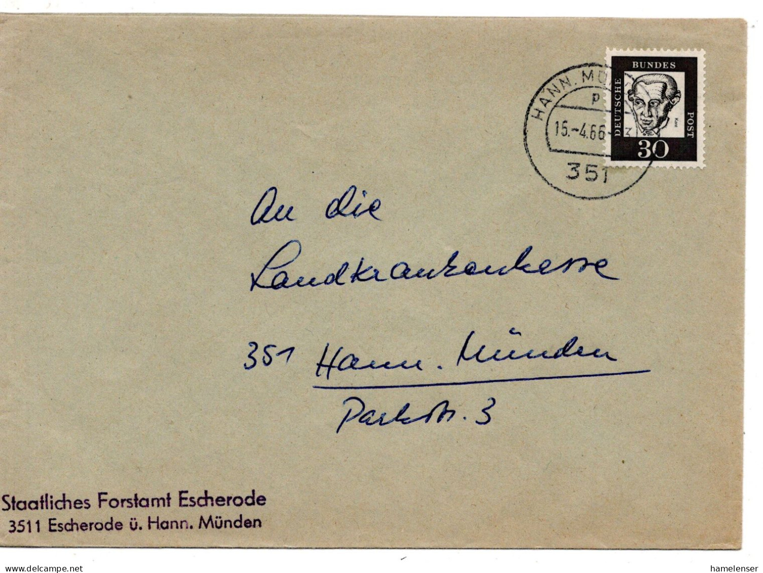 69482 - Bund - 1966 - 30Pfg Kant (rs Nr!) EF A OrtsBf HANN. MUENDEN - Cartas & Documentos